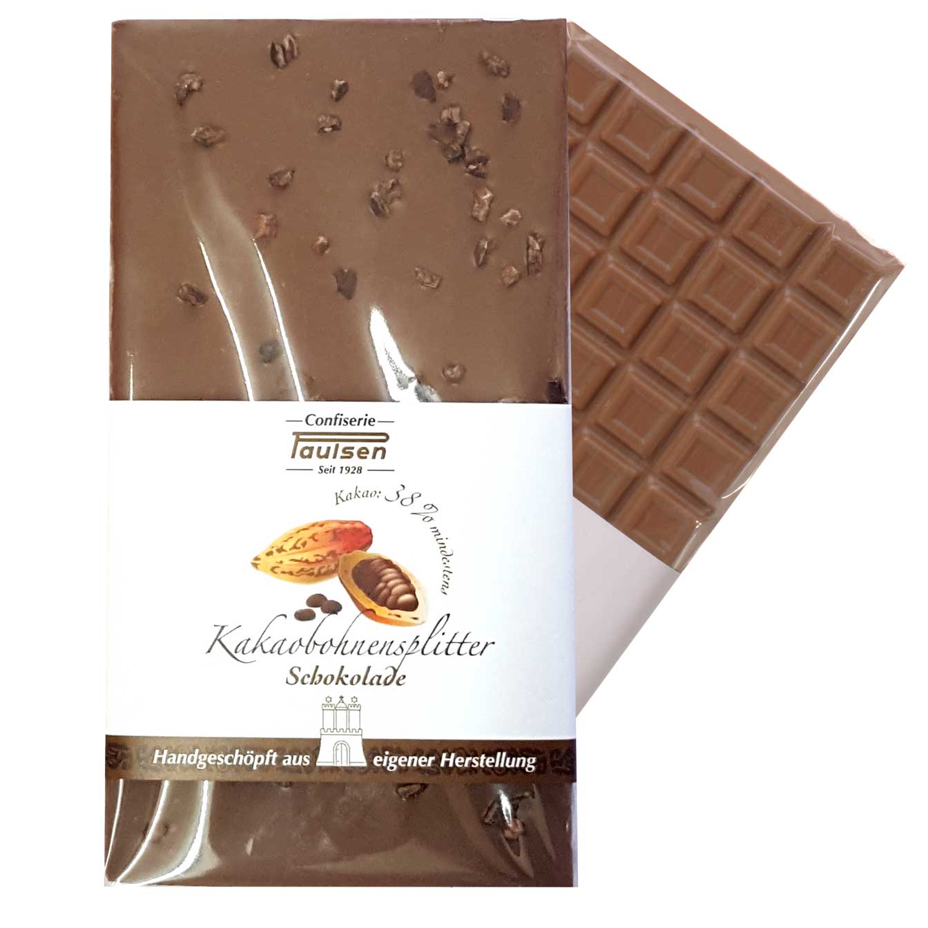 Schokoladentafel Edelvollmilch 38% Kakaosplitter 100g